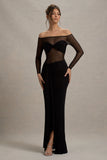 Cover Star Black Mesh Bardot Long Sleeve Draped Maxi Dress