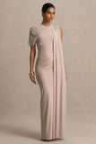 Brenda Champagne Crew Neck Maxi Dress With Mesh Cape And Sash