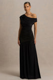 Kady Black Asymmetric Neck Maxi Dress With Ruched Detailing and Front High Split