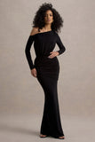 Deanna Black Asymmetric Long Sleeve Ruched Maxi Dress