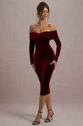 Compliment Berry Velvet Bardot Midi Dress