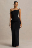 Tulisa Black Asymmetric Neck Maxi Dress With Twist Sleeves And Ruched Detailing