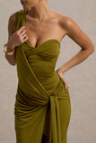 Erminia Olive Green One Shoulder Twist Wrap Maxi Dress
