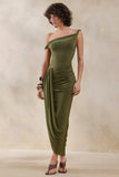 Angelique Olive Green Twisted Asymmetric Maxi Dress