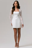 Bijou White Square Neck Lace Long Sleeve Mini Dress