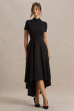 Bellona Black High Neck High Low Midi Dress