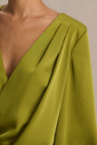 Cara Olive Satin Plunge Neck Micro Mini Dress With Long Sleeve