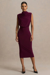 Hermia Burgundy High Neck Midi Dress