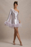 Free Soul Lilac Sequin One Shoulder Feather Trim Mini Dress
