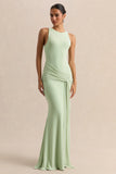 Mirene Mint Round Neck Maxi Dress With Gathered Detailing And Sash