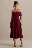 Isabella Burgundy Bardot Neck Midi Dress