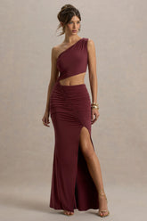 Sena Burgundy Asymmetric Maxi Dress With Cut Out Details