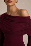 Farah Burgundy Asymmetric Neck Maxi Dress With Drop Waist And Ruched Detailing