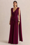 Amelisse Burgundy Plunge Neck Maxi Dress With Ruched Detailing