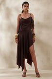 Helira Brown Asymmetric Midi Dress With Draping Detailing and Open Back