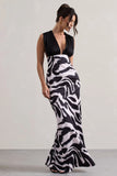 Azzara Zebra Print Satin Ruched V Neck Maxi Dress