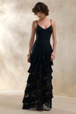 Avelisse Black Lace Plunge Neck Maxi Dress With Ruffled Detailing
