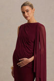 Cristina Burgundy Slashed Neck Maternity Maxi Dress With Cape Sleeve