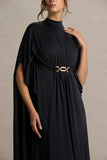 Olessia Black Belted Gathered Cape Sleeve Maxi Dress