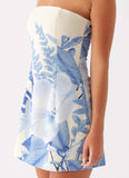 Denby Strapless Mini Dress Blue Floral Print