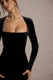 Morana Black Velvet Square Neck Long Sleeve Maxi Dress