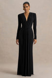 Flashy Black Plunge Neck Maxi Dress With Ruched Detailing