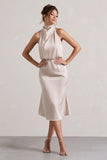 Geena Champagne Satin Twisted High Neck Midi Dress