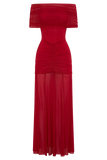 Caspian Slinky And Mesh Off Shoulder Maxi Dress Ruby
