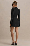 Blossoming Black Plunge Neck Tailored Mini Dress With Pleating