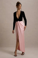 Love Spell Black Velvet Plunge Neck Maxi Dress With Pink Satin Skirt