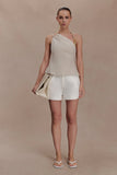 Gabby Asymmetrical Neckline Linen Beaded Top Natural