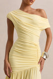 Kady Lemon Asymmetric Neck Maxi Dress With Ruched Detailing