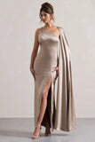 Gala Taupe Satin One Shoulder Cape Sleeve Split Maxi Dress