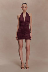 Fleur Ruched Slinky Mini Dress Mahogany