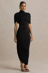 Enchant Black Asymmetric Twisted Cape Midi Dress