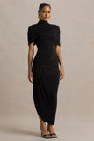 Enchant Black Asymmetric Twisted Cape Midi Dress