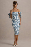 Citrus Blue Porcelain Print Bardot Bodycon Midi Dress With Bow Sleeves