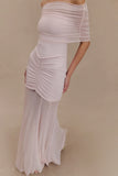 Caspian Slinky And Mesh Off Shoulder Maxi Dress Pale Pink
