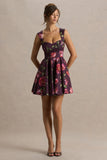 Magic Burgundy Floral Print Sweetheart Neck Mini Dress