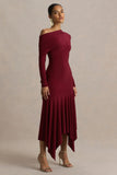 Isola Burgundy Asymmetric Neck Midi Dress With Hanky Hem