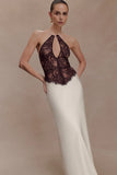 Sascha Lace And Satin Halter Maxi Dress Ivory Chocolate
