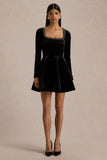 Beloved Black Velvet Embellished Square Neck Mini Dress