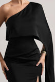 Amora Black Satin Asymmetric Cape Sleeve Split Maxi Dress