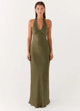 Heavy Hearted Satin Maxi Dress Khaki