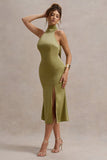 Violette Olive Satin High Neck Split Midi Dress