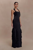 Etta Ruffle Slinky Maxi Dress Black