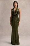 Lavernia Olive Velvet Halter Neck Maxi Dress With Gathered Detailing