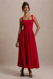 Parina Red Strappy Volume Hem Midi Dress