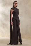 Trisara Brown Asymmetric Neck Maxi Dress With Gathered Detailing And Sash