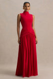Cascade Red High Neck Maxi Dress With Twist Detail